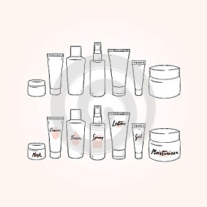 Set of blank template skin care hand drawn vector illustration with cream,lotion,gel,toner,spray,mask,moisturizer.Packaging pot.