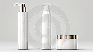 Set blank templates of empty and clean white plastic containers: bottles with spray, dispenser and dropper, cream jar, tube.