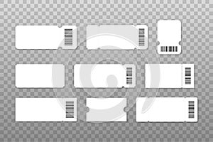 Set of blank ticket mockup template. Realistic White paper coupon isolated on grey background. Vector stock illustration