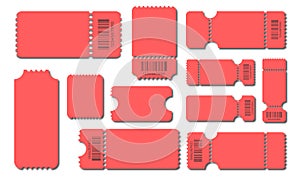 Set blank ticket template. Color red . Concert tickets, lottery coupons. Vector coupon.