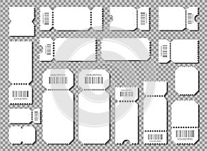 Set blank ticket template. Color white. Concert tickets, lottery coupons. Vector coupon.