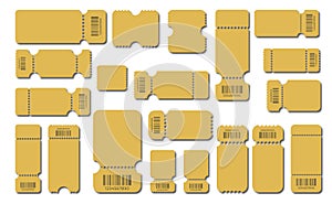 Set blank ticket template. Yellow color, gold. Concert tickets, lottery coupons.