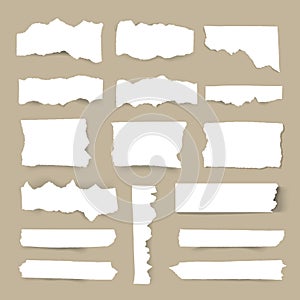Set of blank Torn paper sheets. Vector note pieces collection with sticky tape.