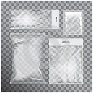 Set of blank transparent foil bag packaging for food, snack, coffee, cocoa, sweets, crackers, chips, nuts, sugar. Vector