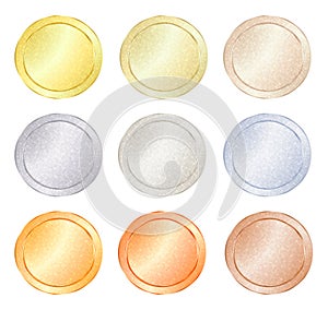 Set of blank vector templates for coin, price tags, buttons, sewing, buttons, badges or medals with gold in different types: white