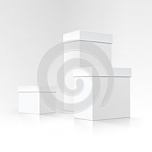 Set of Blank White Carton boxes of different sizes and shapes in Perspective for package design on White Background