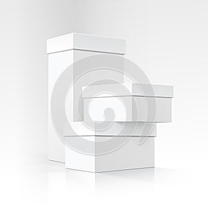 Set of Blank White Carton boxes of different sizes and shapes in Perspective for package design on White Background