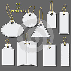 Set of blank white paper tags, labels, stickers with a barcode. Isolated elements of different shapes. Flat design.