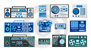 Set of bleautiful old retro vintage hipster musical electronics equipment: audio cassette recorder with magnetic tape, dj console