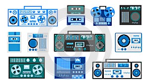 Set of bleautiful old retro vintage hipster musical electronics equipment: audio cassette recorder with magnetic tape, dj console