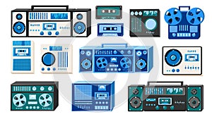 Set of bleautiful old retro vintage isometry musical electronics equipment: audio cassette recorder with magnetic tape, dj console