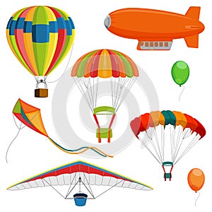 Set of blimp, paraglider and kite, air balloon and parachutes realistic vector photo