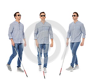 Set of blind man with long cane walking