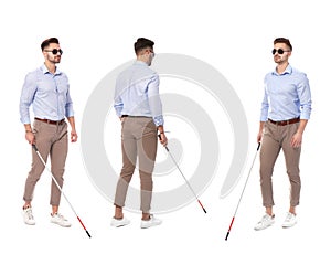 Set of blind man with long cane walking on white