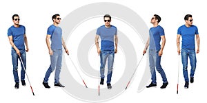 Set of blind man with long cane walking on white