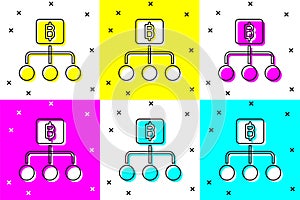 Set Blockchain technology Bitcoin icon isolated on color background. Abstract geometric block chain network technology