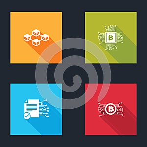 Set Blockchain technology, CPU mining farm, Smart contract and Cryptocurrency bitcoin circuit icon. Vector
