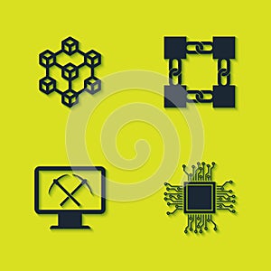 Set Blockchain technology, Processor, Mining with monitor and pickaxe and icon. Vector
