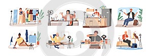 Set of bloggers and vloggers cartoon people making internet content vector flat illustration. Character creating video