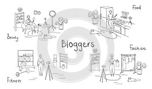 Set of bloggers and vloggers characters making internet content. Peoples creating video for their blog channel