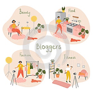 Set of bloggers and vloggers characters making internet content. Peoples creating video for their blog channel