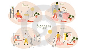 Set of bloggers and vloggers characters making internet content. Peoples creating video for their blog channel