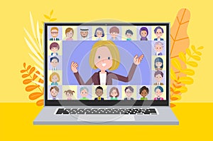 A set of blond hair business women presenting online