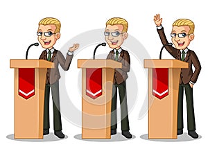 Set of blonde businessman in brown suit giving a speech behind rostrum