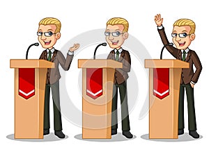 Set of blonde businessman in brown suit giving a speech behind rostrum photo