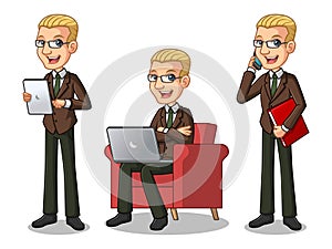 Set of blonde businessman in brown suit working on gadgets