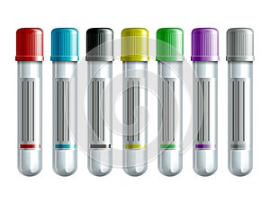 Set of Blood test tubes or plastic empty test tubes different types with colored caps