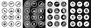 Set Bloody knife, Burning car, Bullet, Bandit, Playing cards, Pistol or gun, Murder and icon. Vector