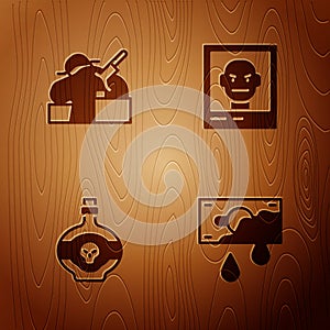 Set Bloody money, Murder, Poison in bottle and Wanted poster on wooden background. Vector