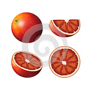 Set of bloody orange. Isolated half of red colorful orange, whole round fruit, half, and juicy slice on white background.