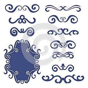 Set of blue abstract curly headers, design element set isolated on white background.