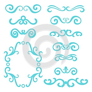 Set of blue abstract curly headers, design element set isolated on white background.