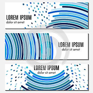 Set of blue abstract header banners with curved lines and flying pieces and place for text.