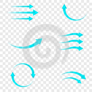 Set of blue arrow showing air flow isolated on transparent background. Vector design element.