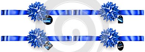 Set of blue bows with horizontal ribbons, shadows and sale labels and tags