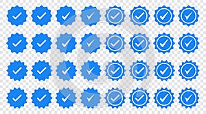 Set of blue check mark badge icons. Profile verification icons