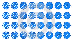 Set of blue check mark badge icons. Profile verification icons