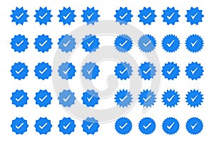 Set of blue check mark badge icons. Profile verification icons