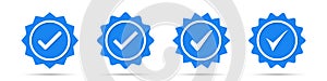 Set of blue check mark badge icons. Profile verification icons