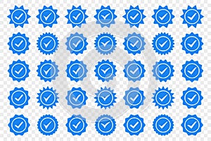 Set of blue check mark badge icons. Profile verification icons