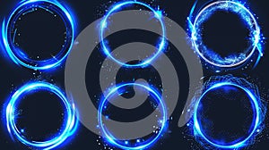 A set of blue circle frames isolated on a transparent background with haze, shimmering particles, sparkles, magic power