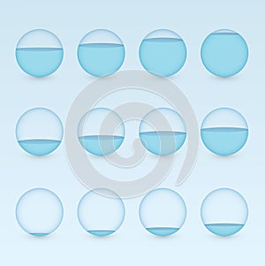 A set of blue circular aquariums with different levels of water to show percentage value for info graphic presentation