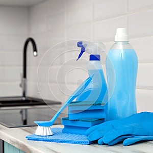 A set of blue cleaning products and tools for cleaning