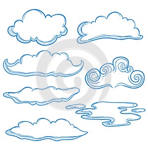 set of blue cloud vector. hand draw cloud collection
