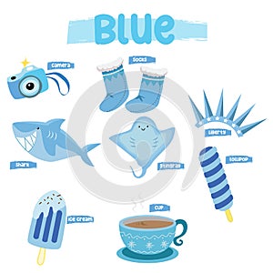 Set of blue color objects. Primary colours flashcard with blue elements. Learning colors for kids.