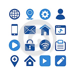 Set of blue communication and technology icons, design elements